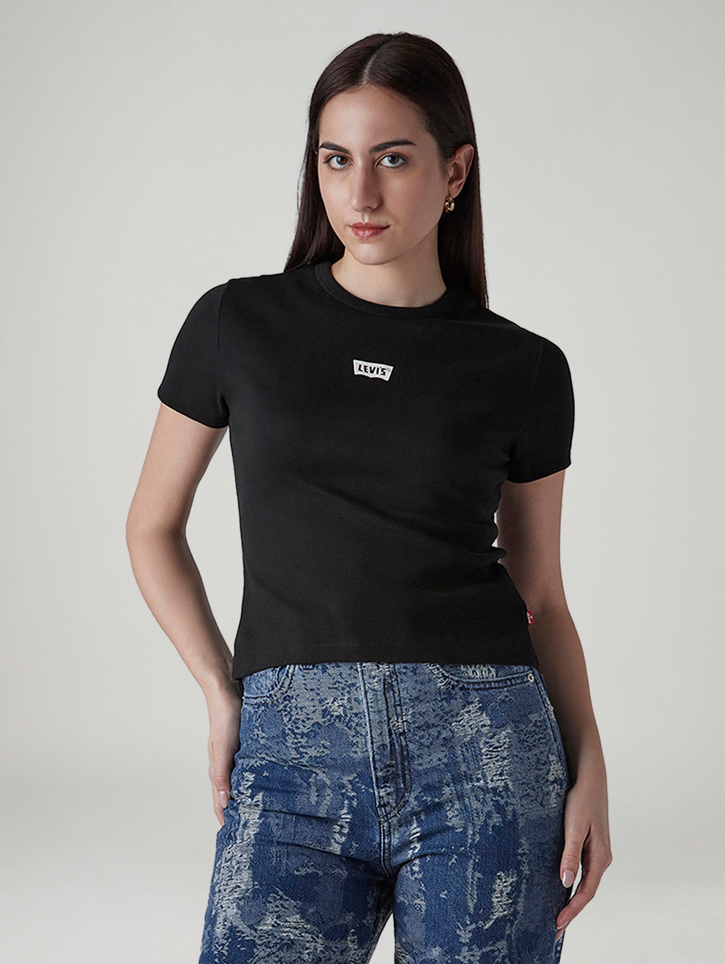 Women's Brand Logo Black Slim Fit Ribbed T-shirt