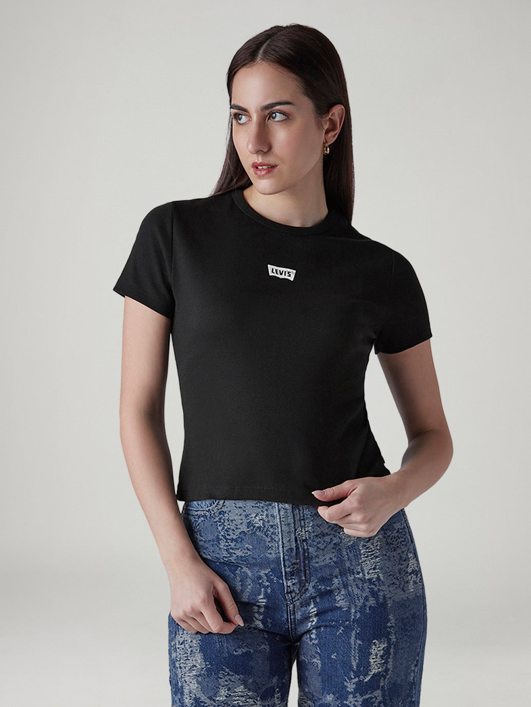 Women's Brand Logo Black Slim Fit Ribbed T-shirt - Front View