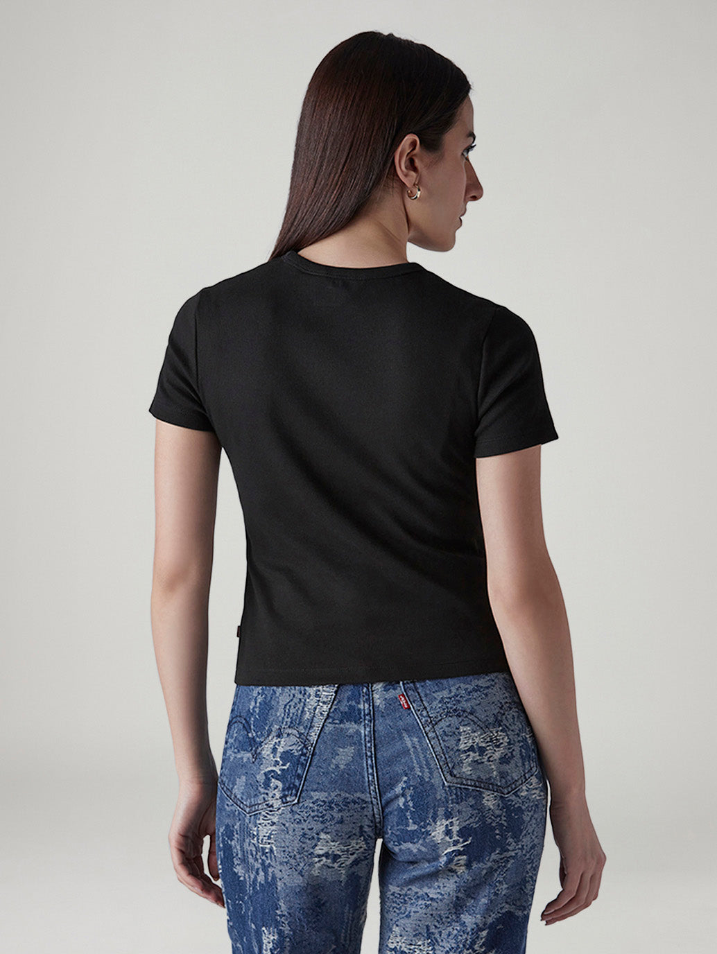 Women's Brand Logo Black Slim Fit Ribbed T-shirt - Back View
