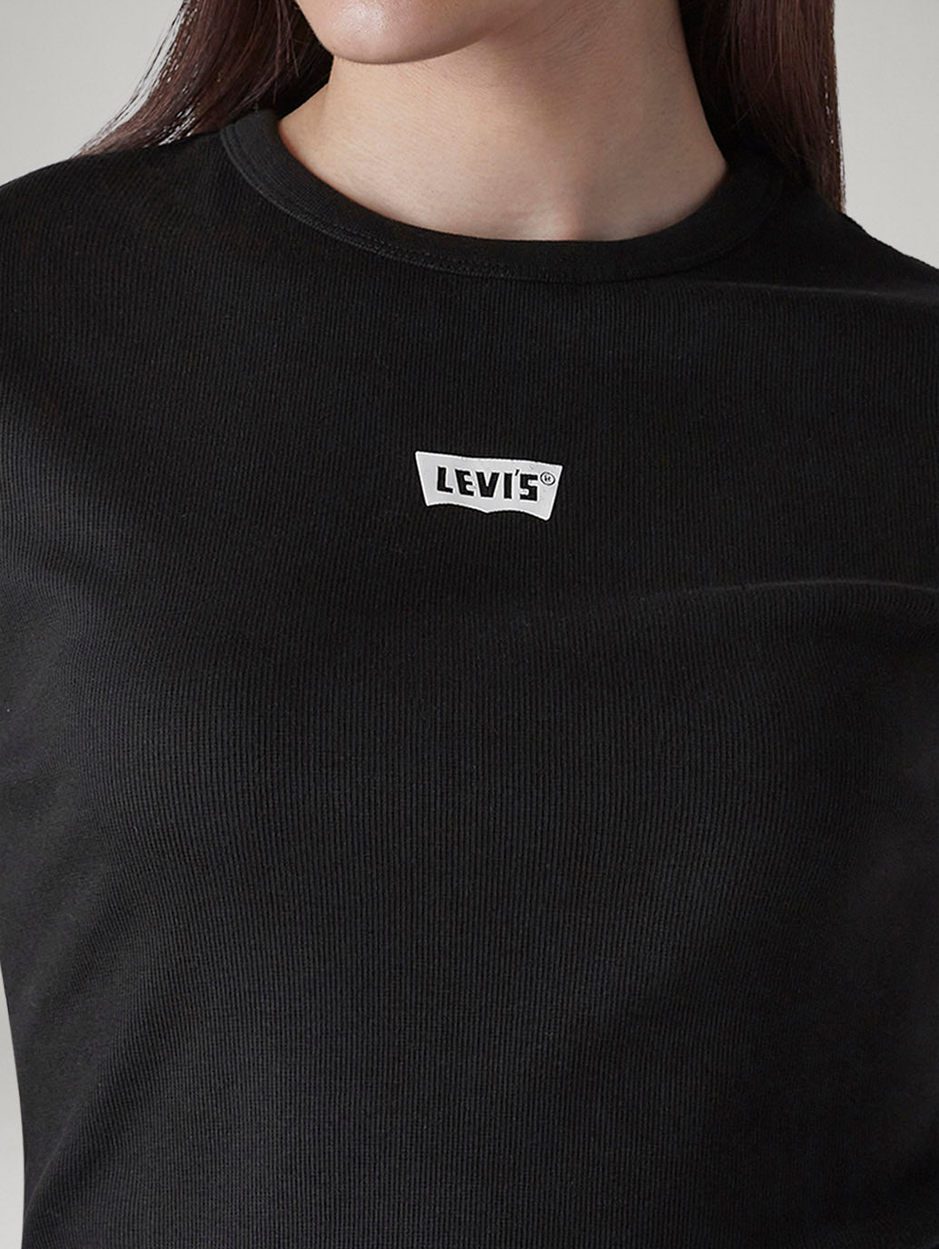 Women's Brand Logo Black Slim Fit Ribbed T-shirt - Detail View