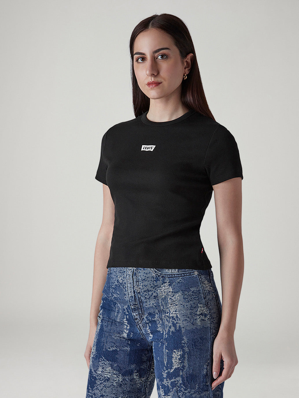 Women's Brand Logo Black Slim Fit Ribbed T-shirt - Side View