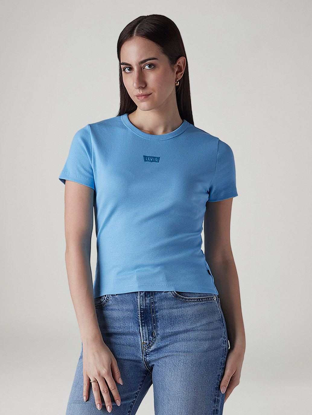 Women's Brand Logo Light Blue Slim Fit Ribbed T-shirt