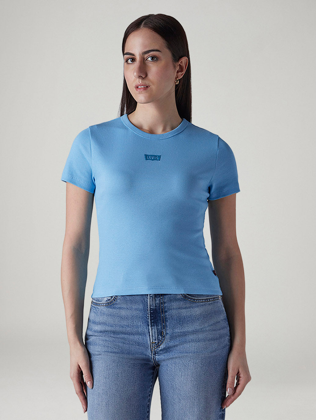Women's Brand Logo Light Blue Slim Fit Ribbed T-shirt - Front View
