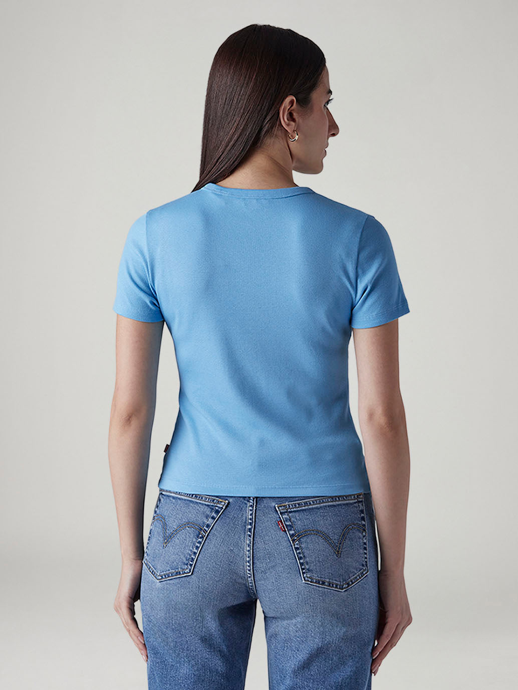 Women's Brand Logo Light Blue Slim Fit Ribbed T-shirt - Back View