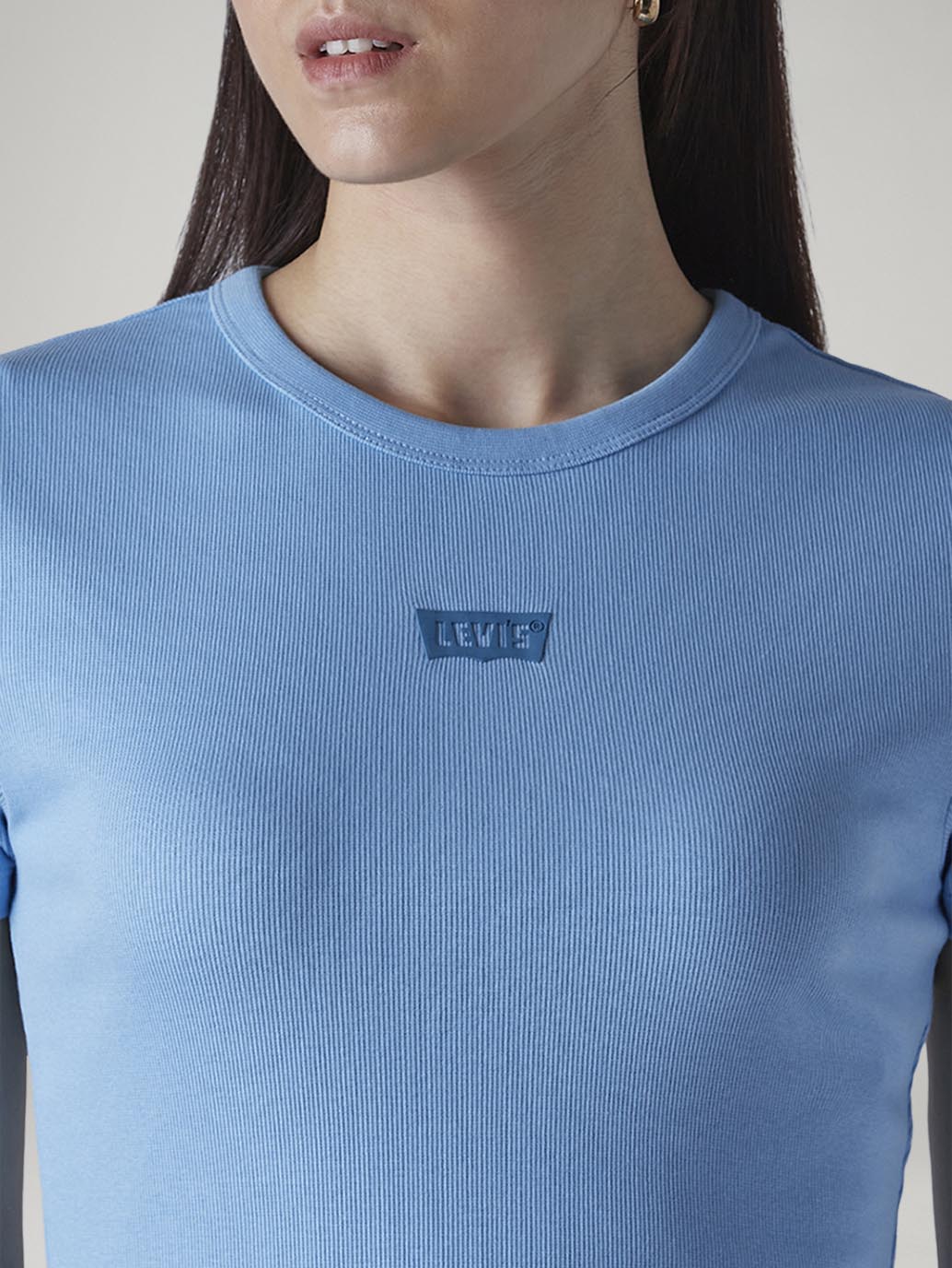 Women's Brand Logo Light Blue Slim Fit Ribbed T-shirt - Detail View