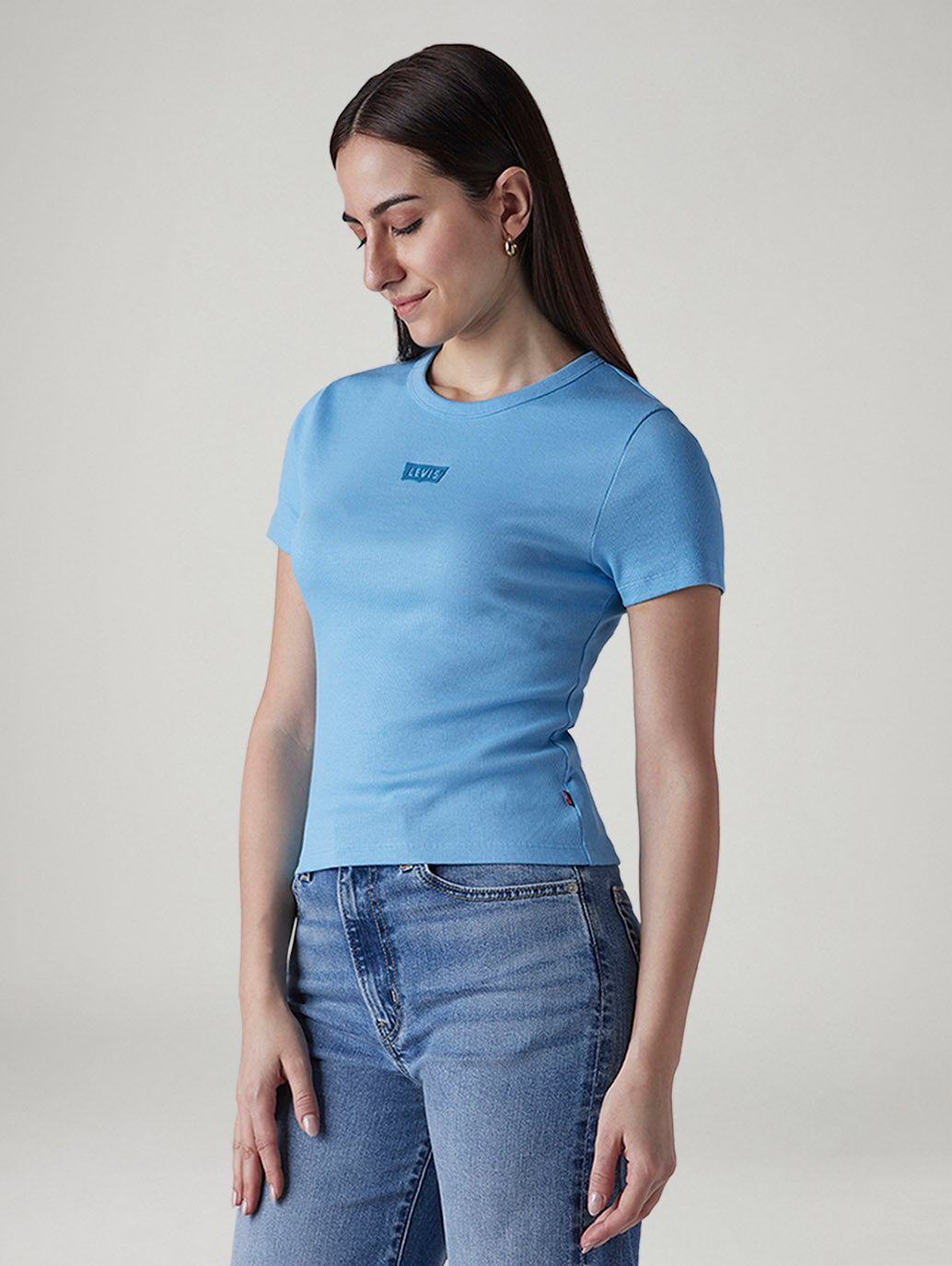 Women's Brand Logo Light Blue Slim Fit Ribbed T-shirt - Side View