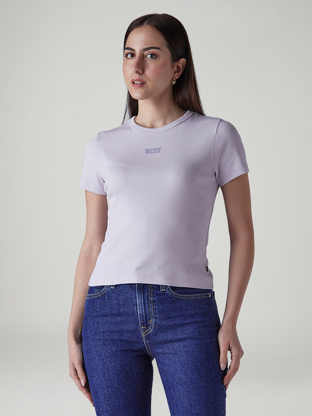 Women's Brand Logo Lavender Slim Fit Ribbed T-shirt - Front View