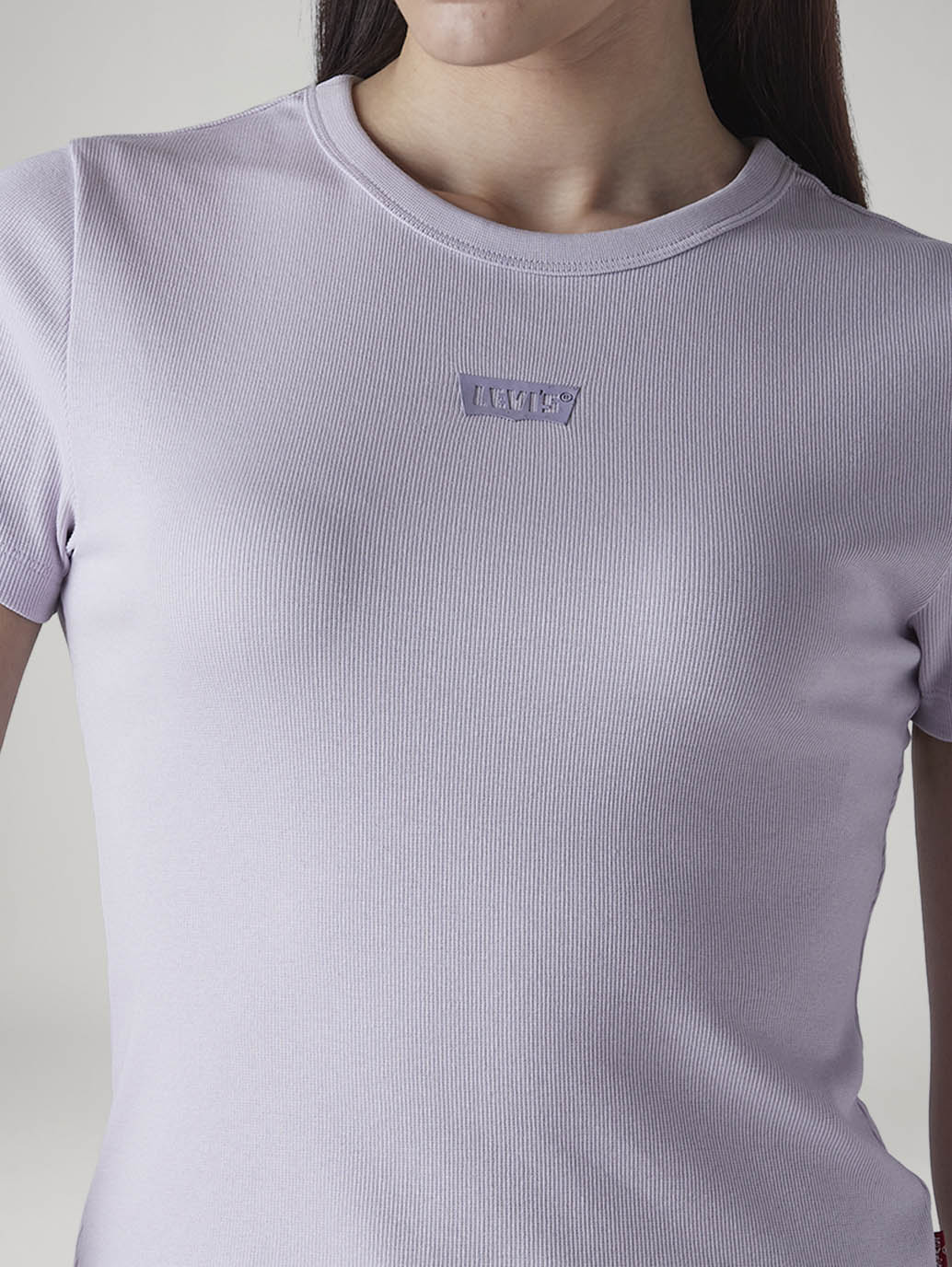 Women's Brand Logo Lavender Slim Fit Ribbed T-shirt - detail View