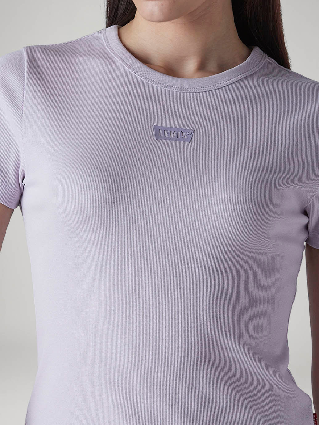 Women's Brand Logo Lavender Slim Fit Ribbed T-shirt - detail View