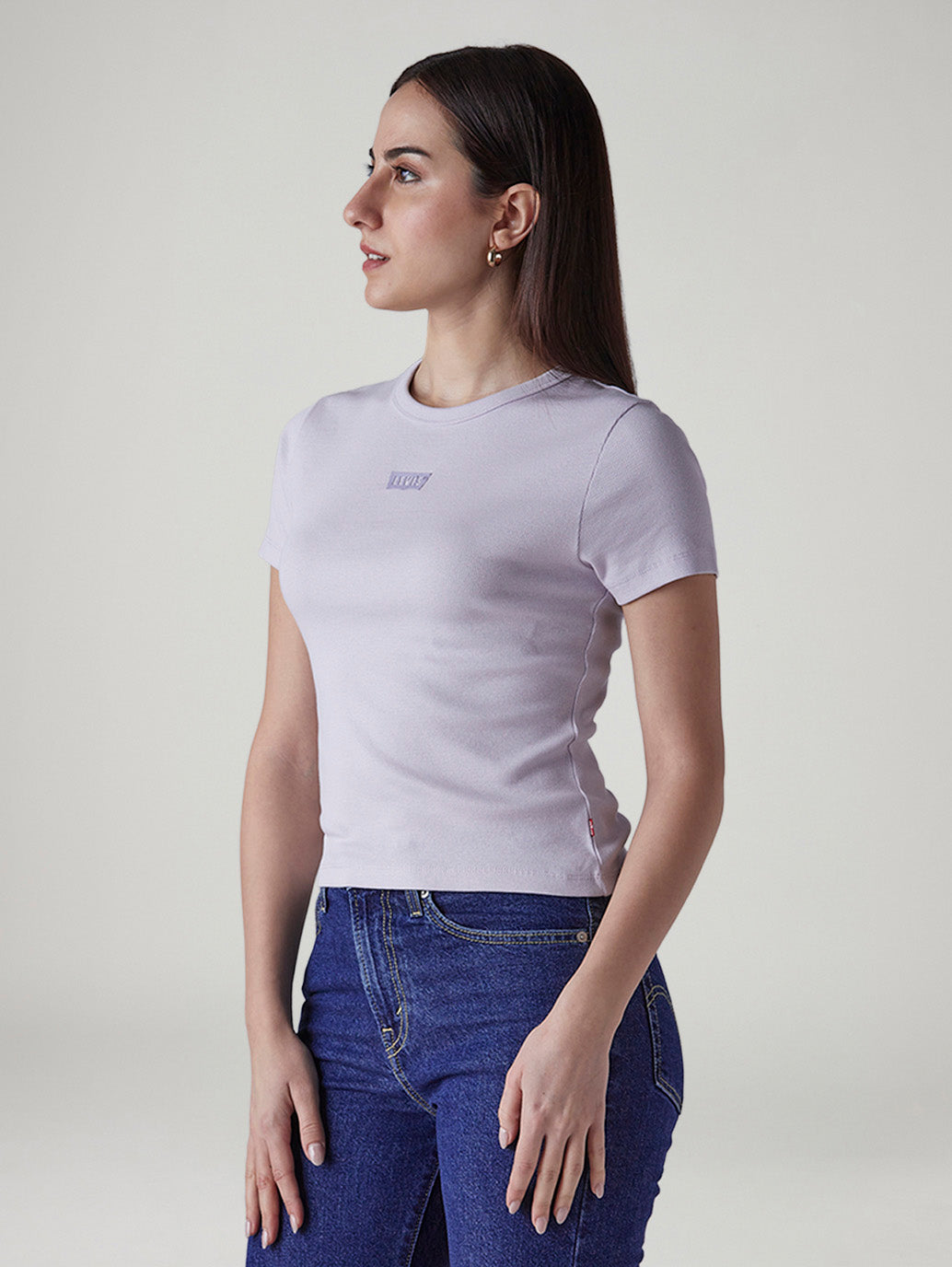Women's Brand Logo Lavender Slim Fit Ribbed T-shirt - Side View