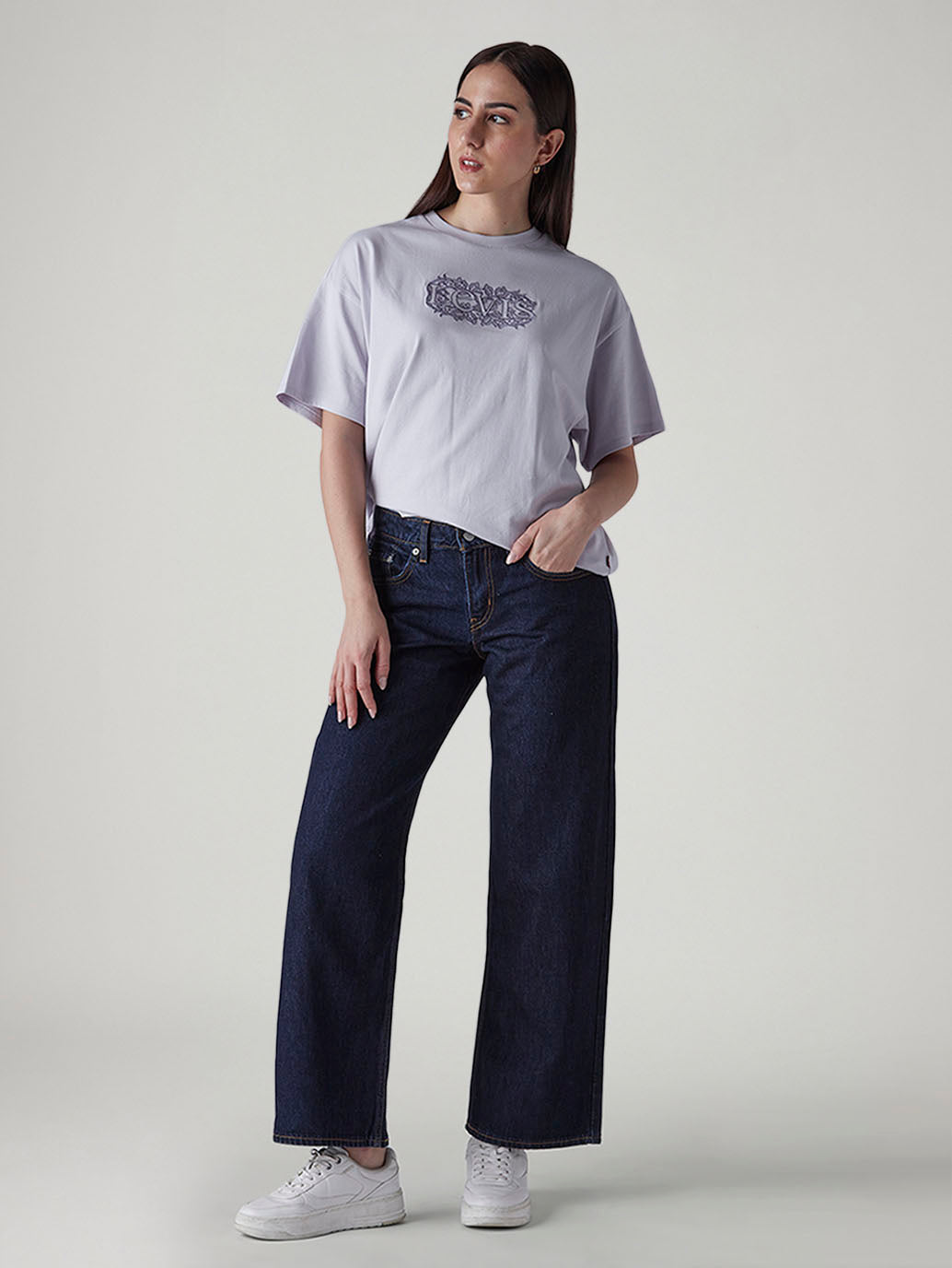 Women's Dark Indigo Loose Fit Low Rise Jeans - Front View