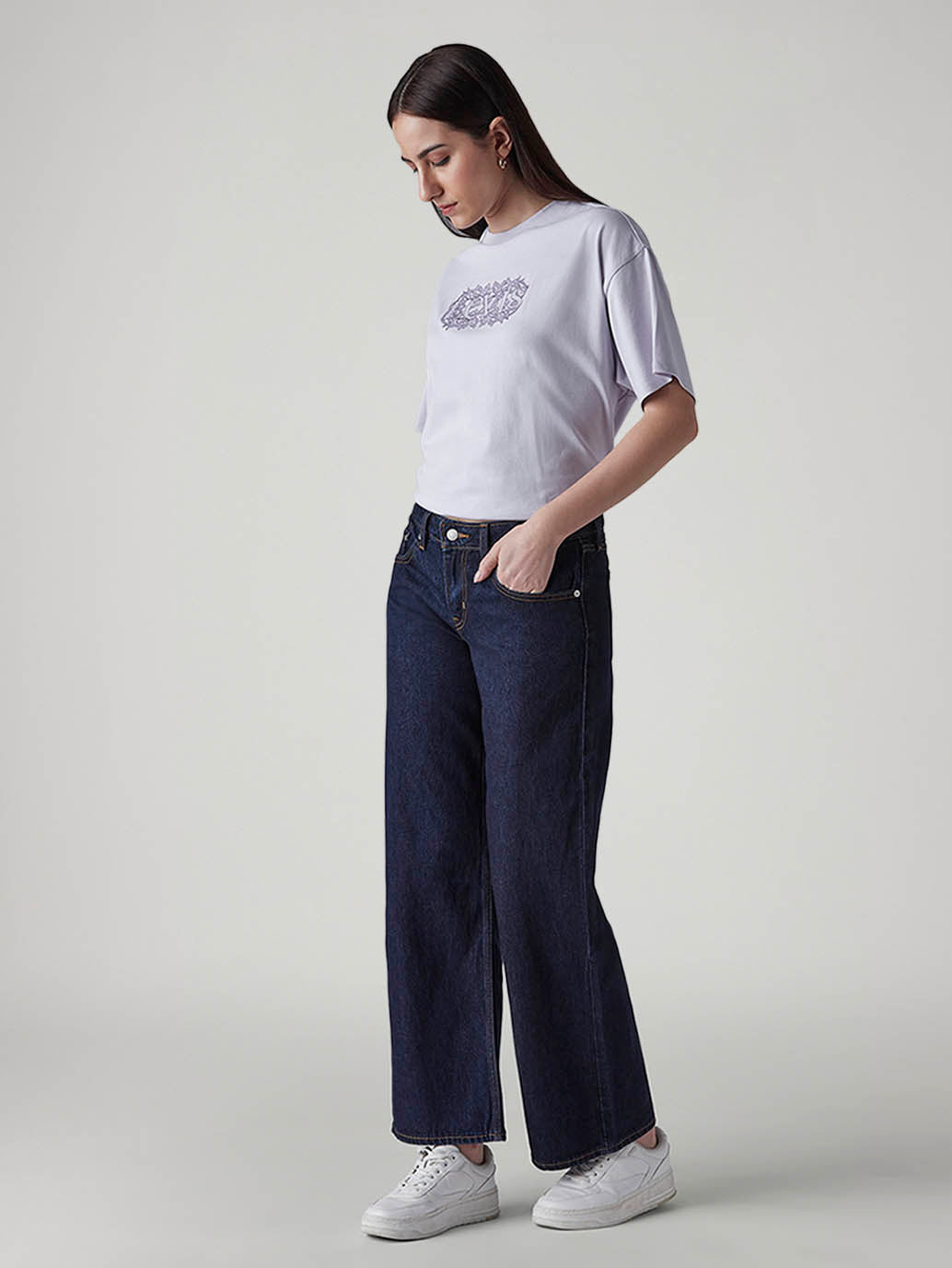 Women's Dark Indigo Loose Fit Low Rise Jeans - Side View