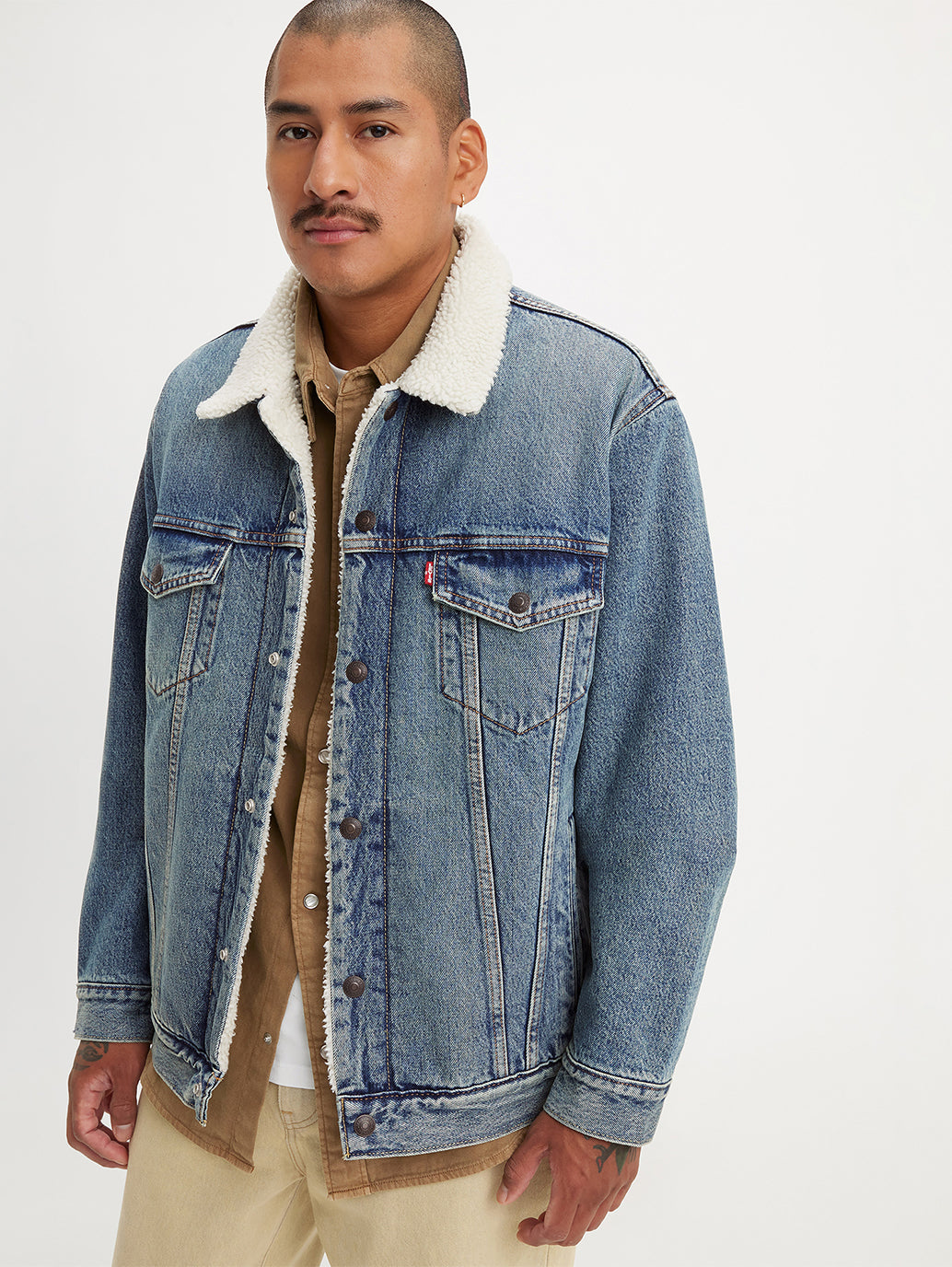 Men's Solid Blue Spread Collar Denim Jacket - Main Image