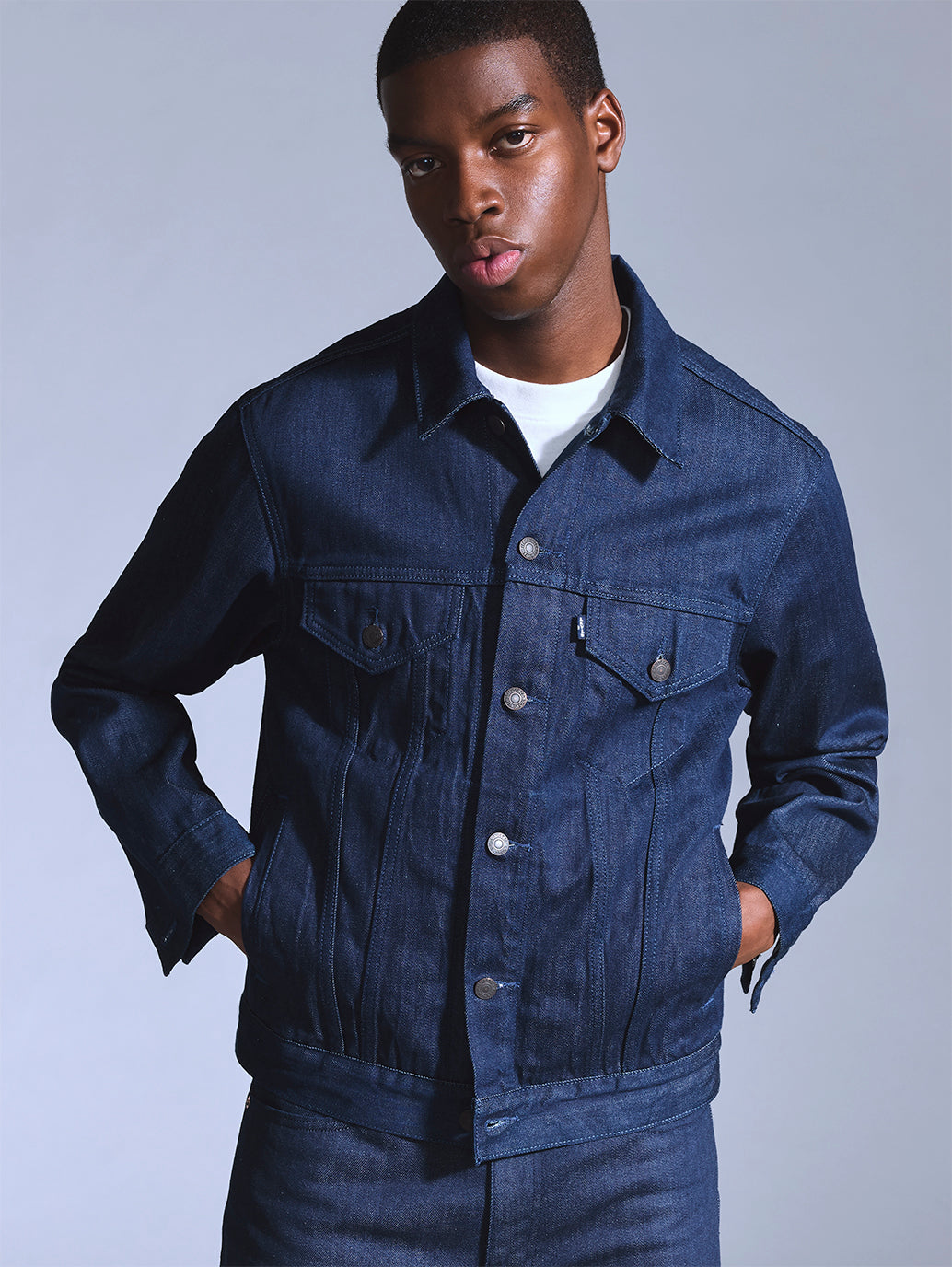 Men's Solid Dark Blue Trucker Jacket - Styleshot View