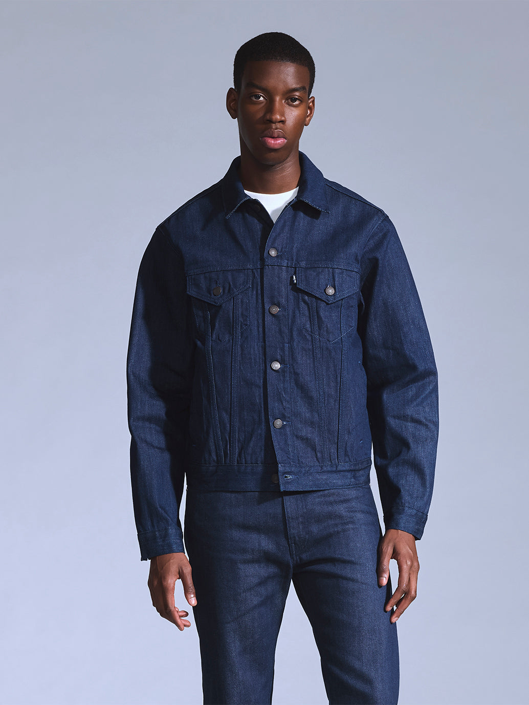 Men's Solid Dark Blue Trucker Jacket - Front View