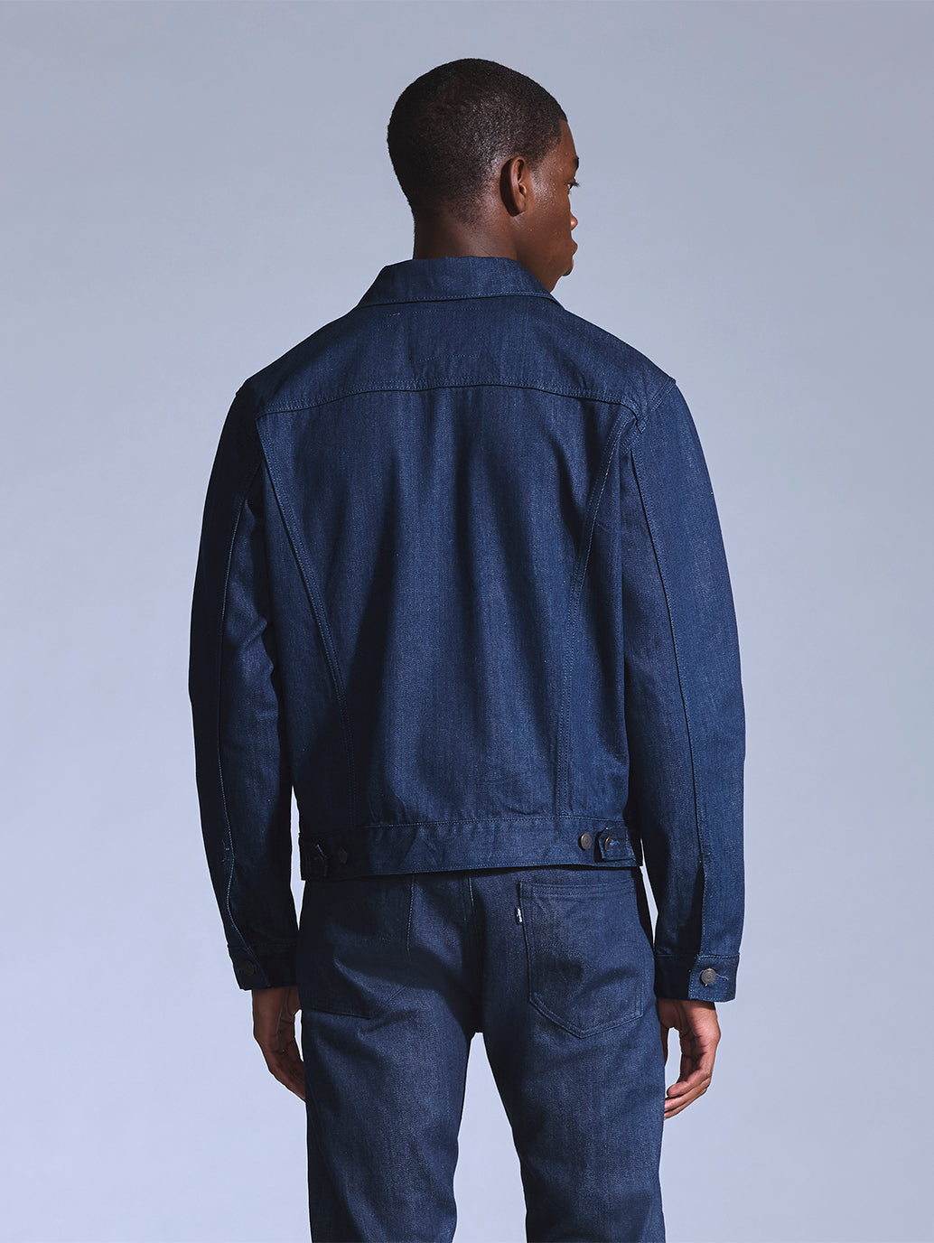 Men's Solid Dark Blue Trucker Jacket - Back View