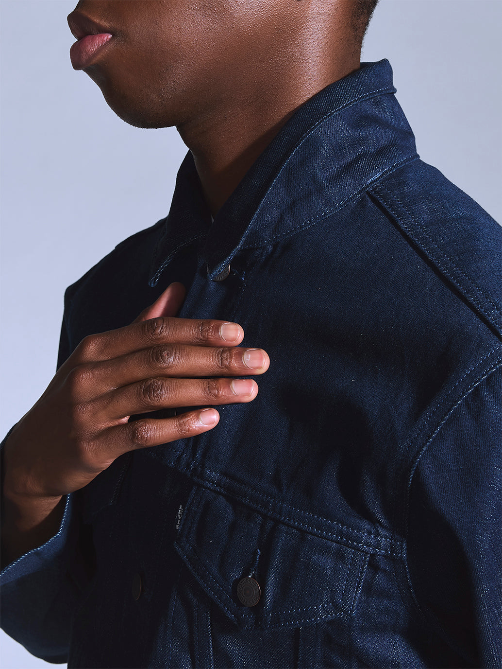 Men's Solid Dark Blue Trucker Jacket - Detail View