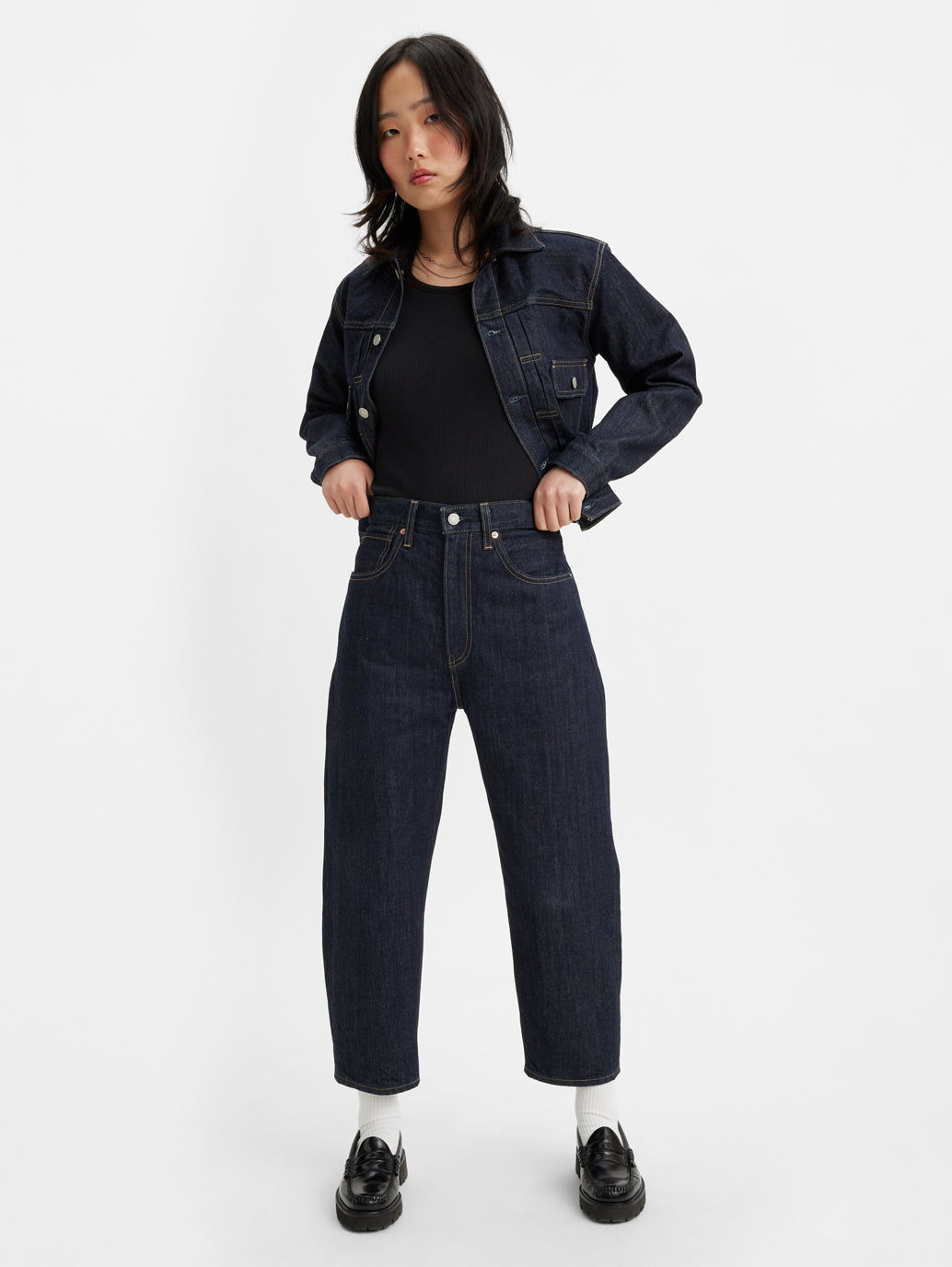 Women's Navy Blue Barrel Loose Fit High Rise Jeans