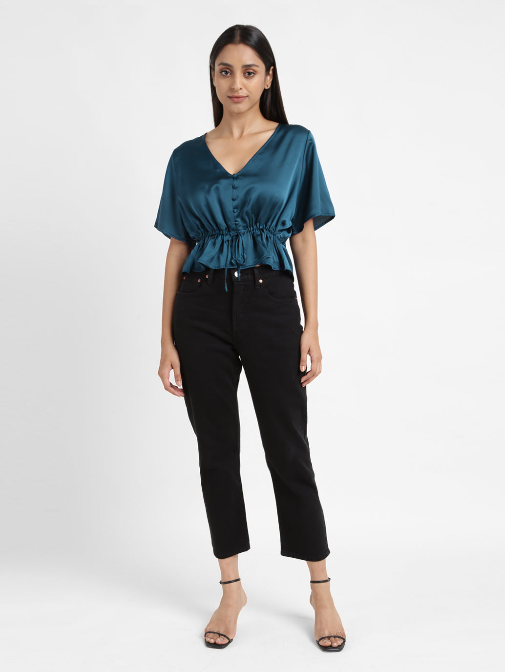 Women's Solid Green V Neck Top