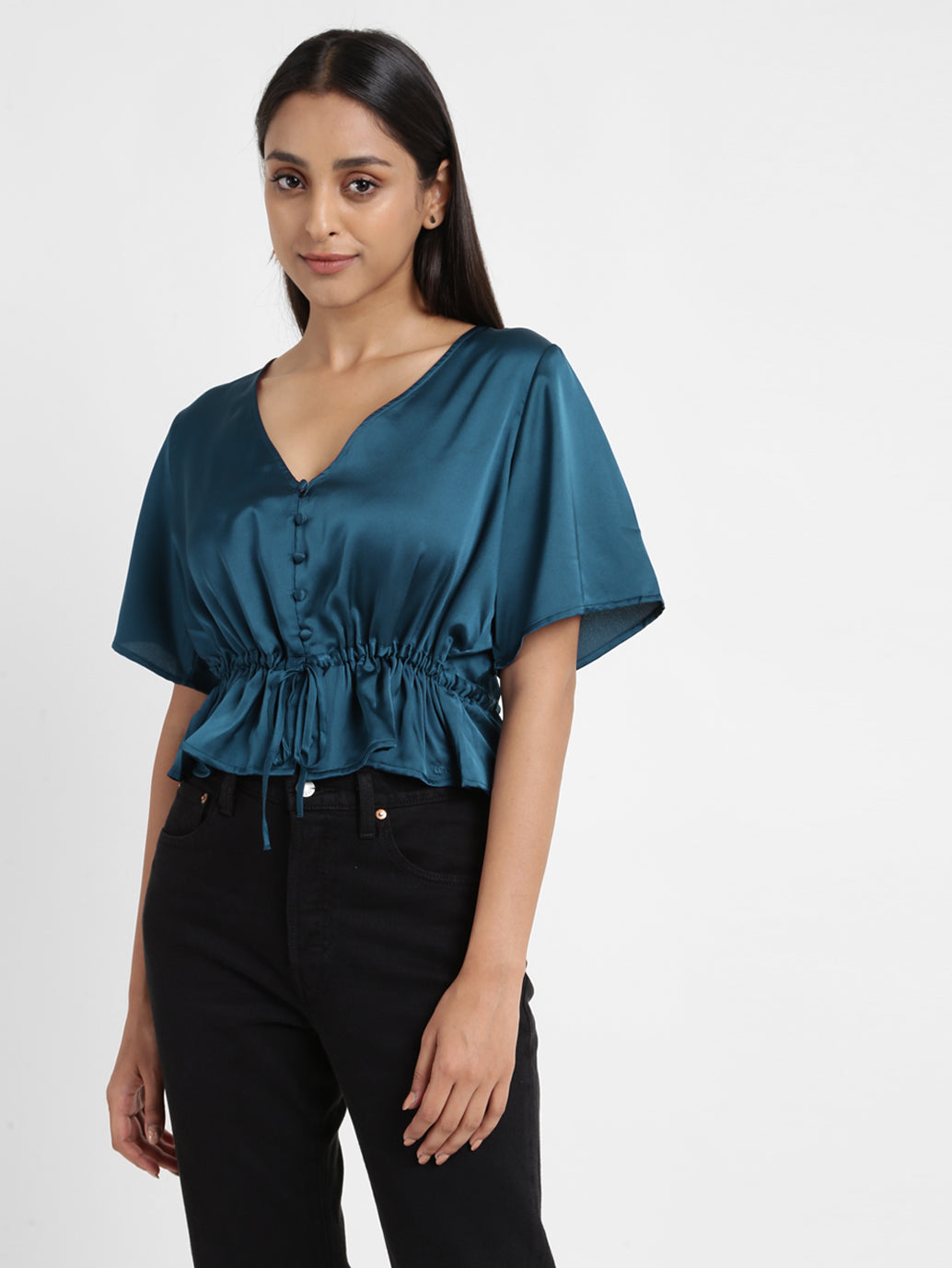 Women's Solid Green V Neck Top
