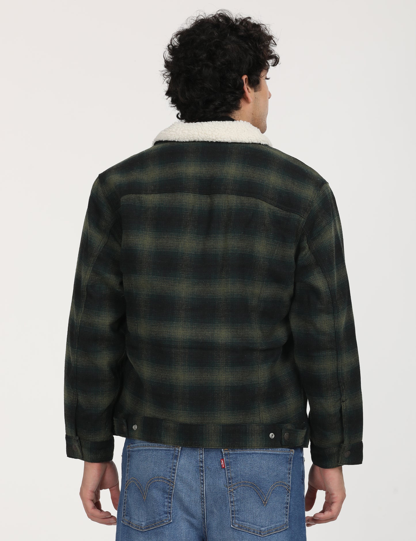 Men's Checkered Green Spread Collar Tailored Jacket - Back View
