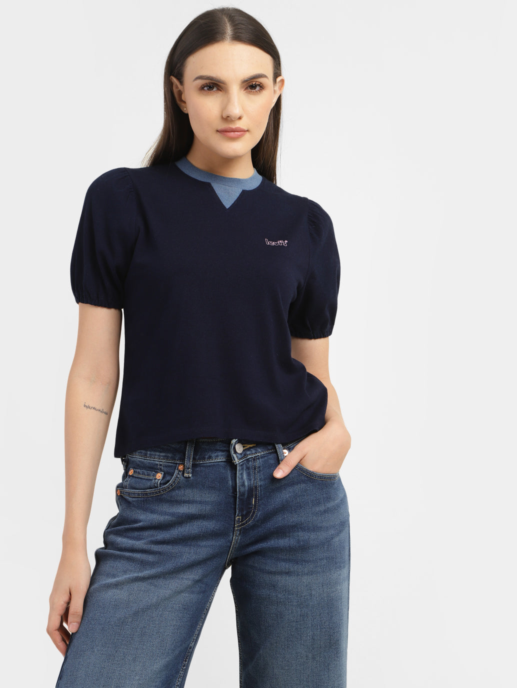 Women's Solid Navy Crew Neck Top