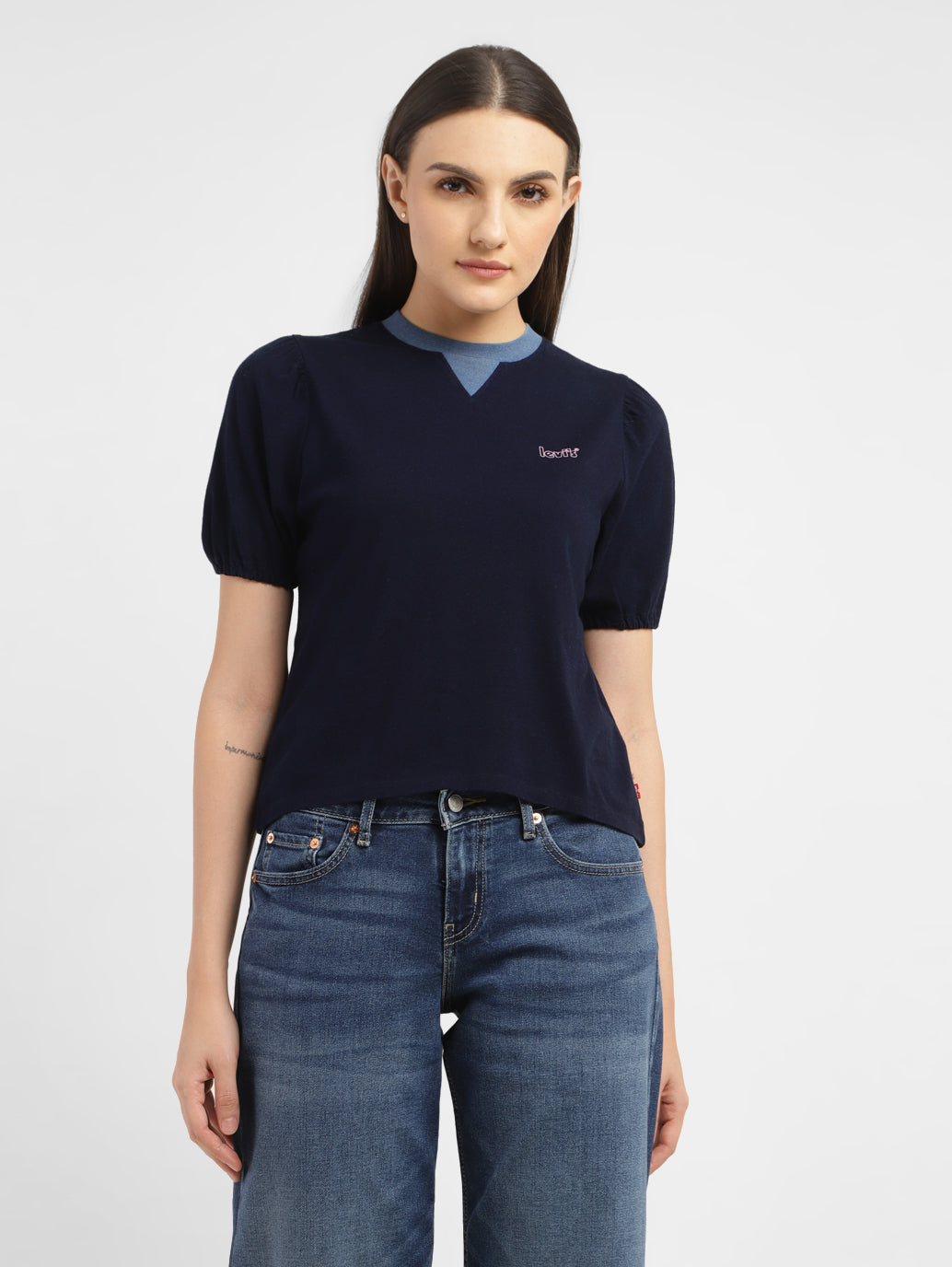 Women's Solid Navy Crew Neck Top