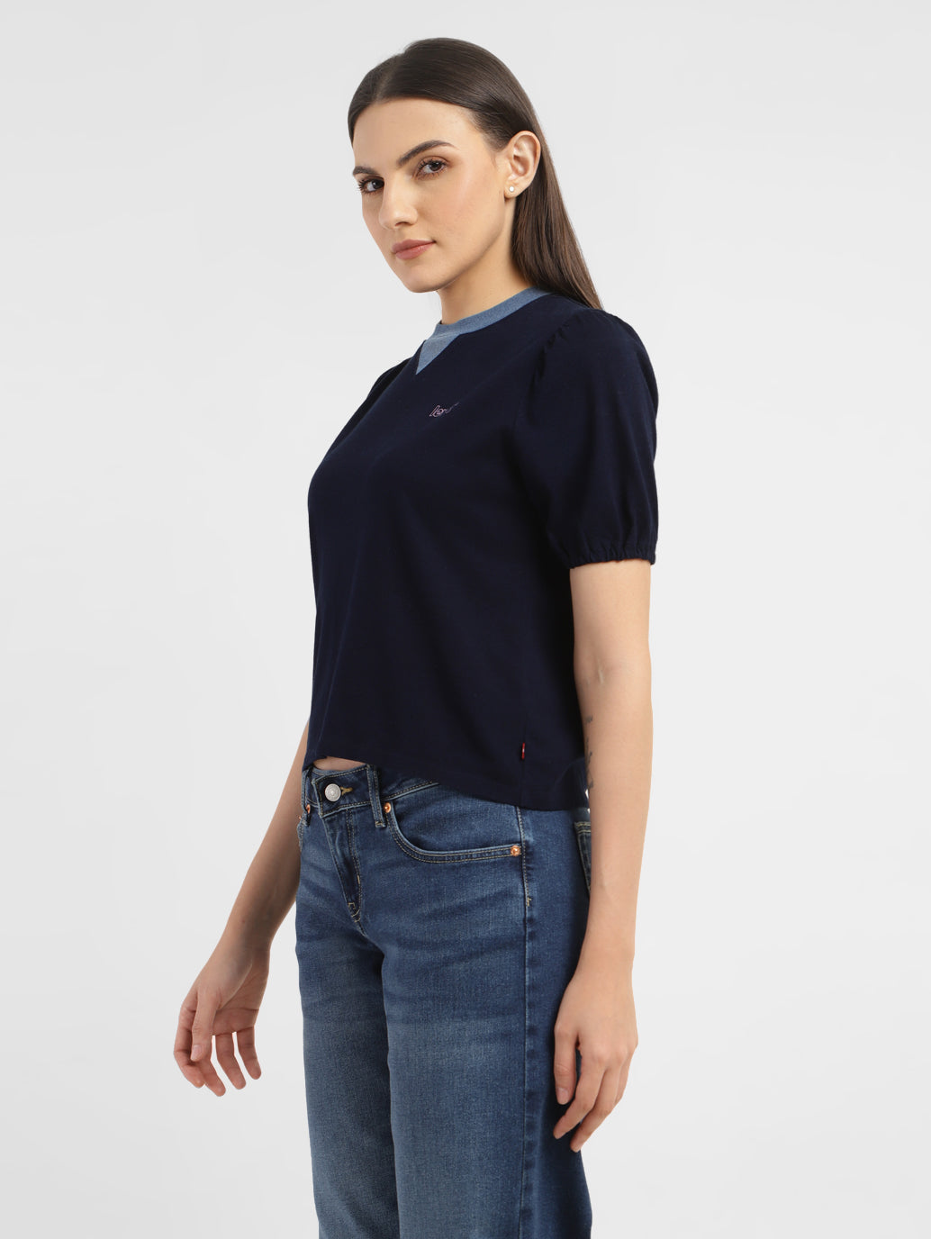 Women's Solid Navy Crew Neck Top