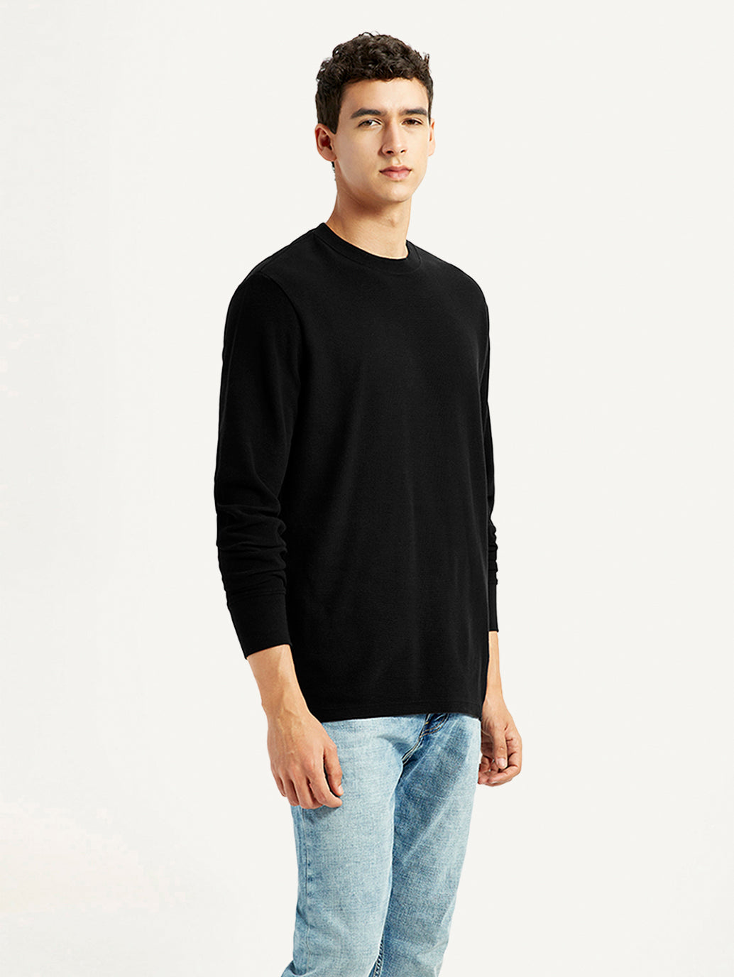 Men's Solid Black Crew Neck T-shirt - Side View