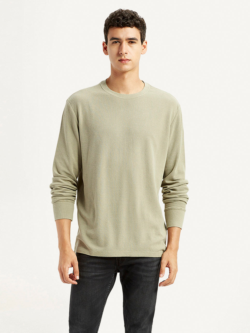 Men's Solid Beige Crew Neck Sweatshirt - Styleshot View