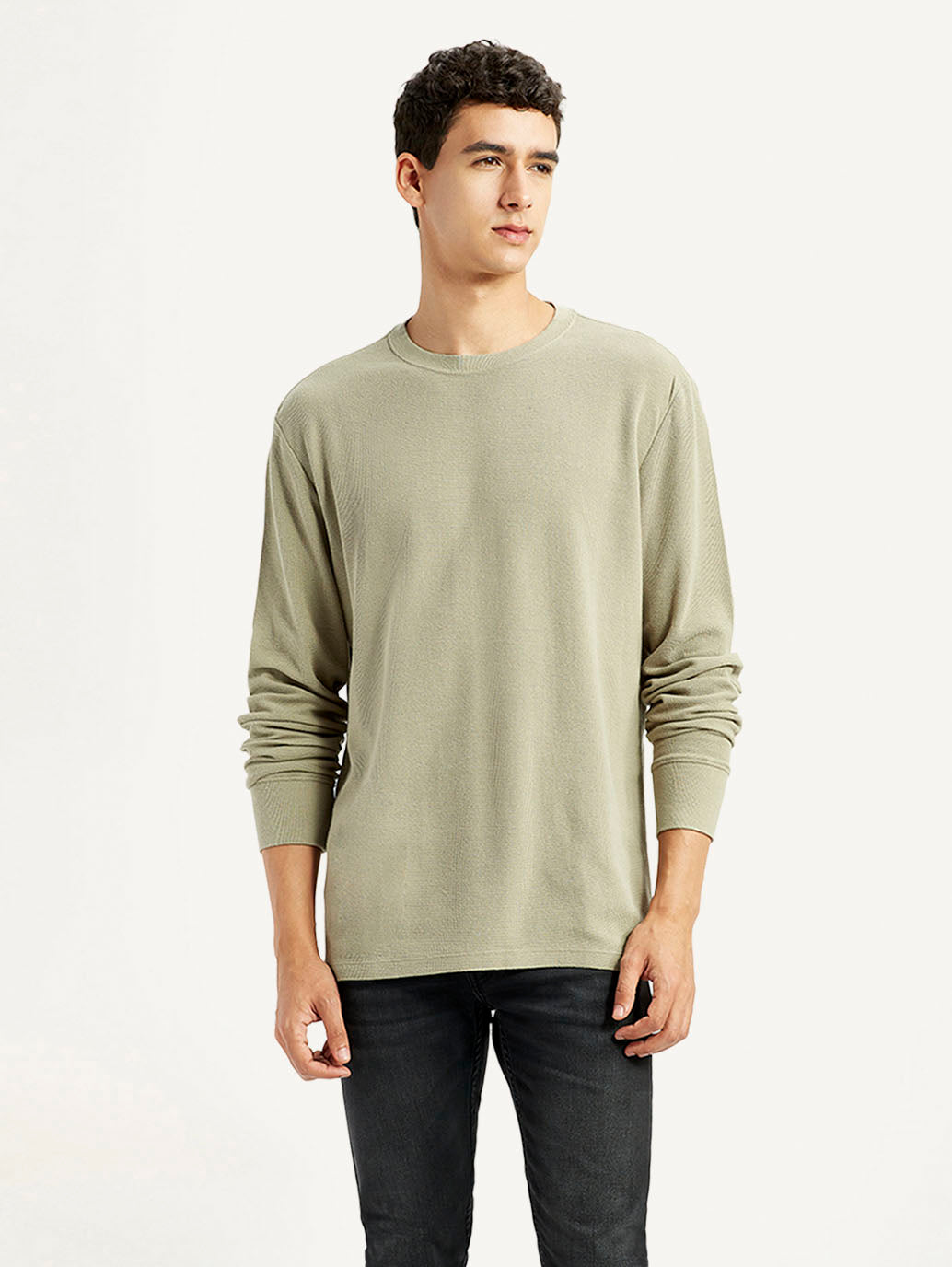 Men's Solid Beige Crew Neck Sweatshirt - Front View