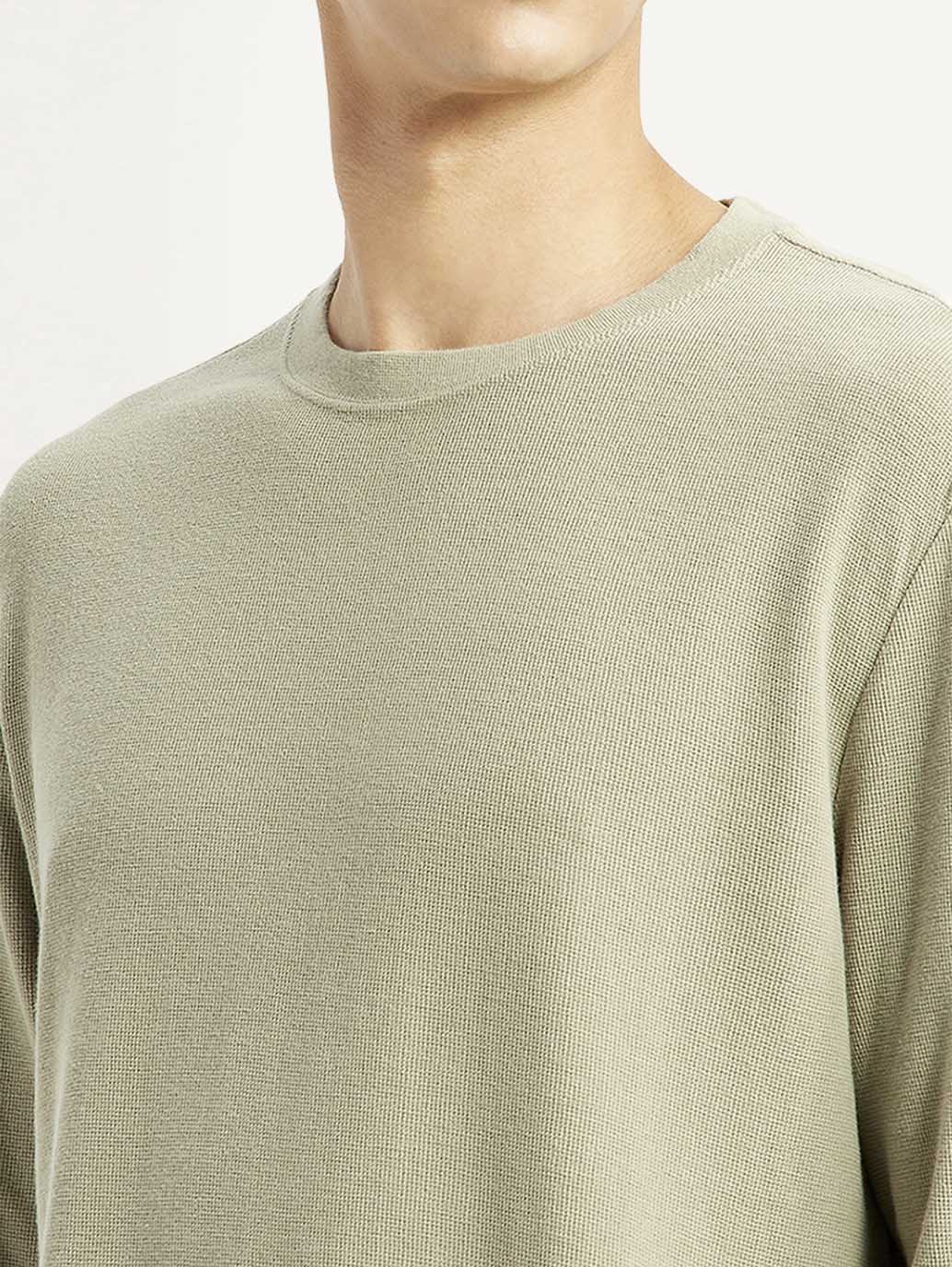 Men's Solid Beige Crew Neck Sweatshirt - Detail View