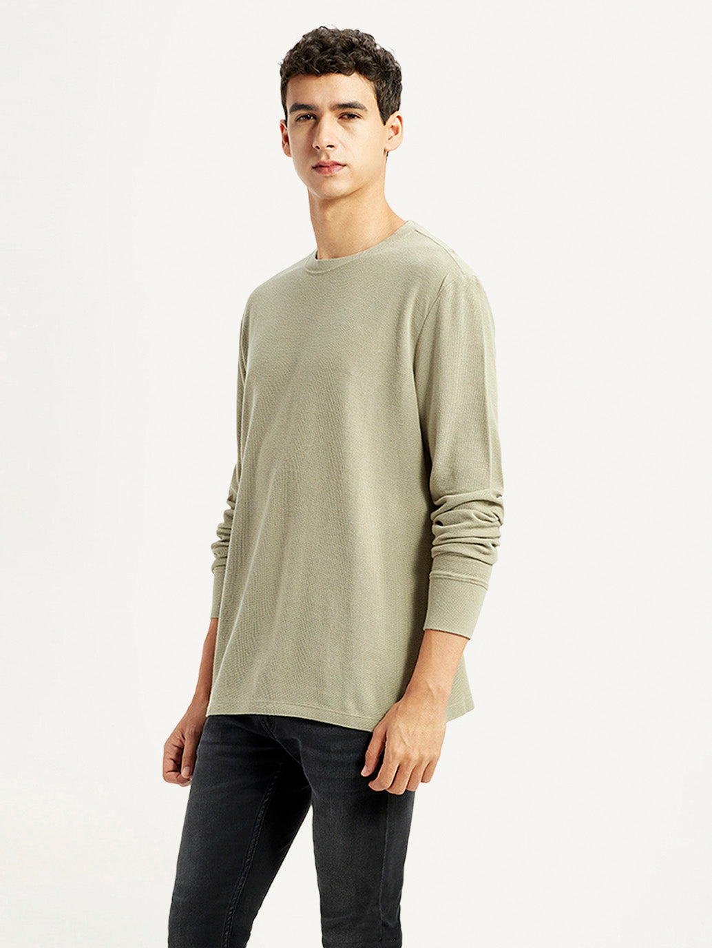 Men's Solid Beige Crew Neck Sweatshirt - Side View