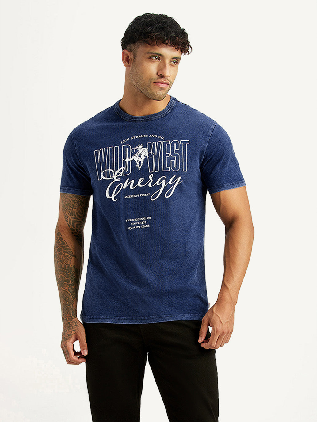 Men's Graphic Print Dark Blue Crew Neck T-shirt - Styleshot View