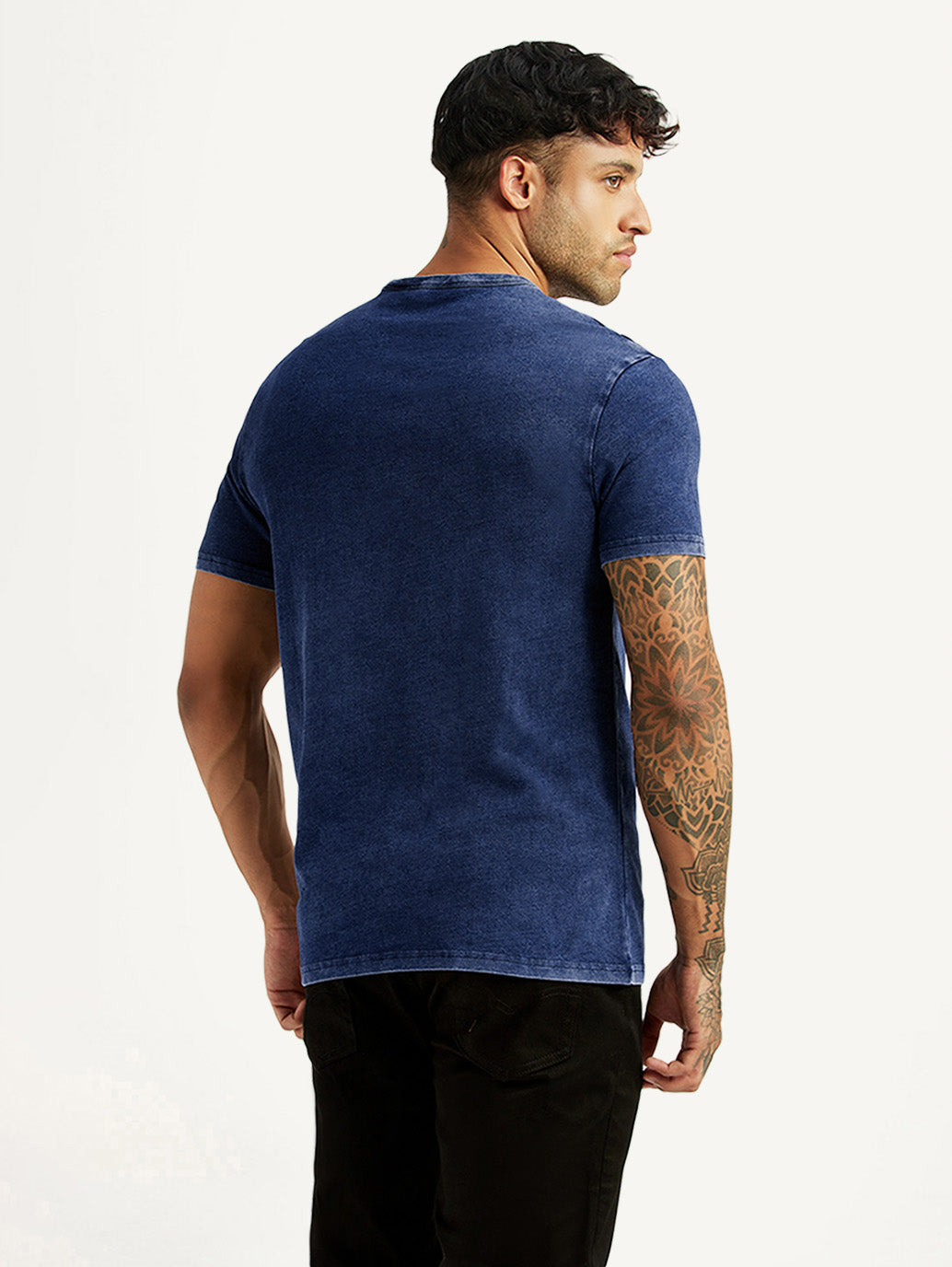 Men's Graphic Print Dark Blue Crew Neck T-shirt - Back View