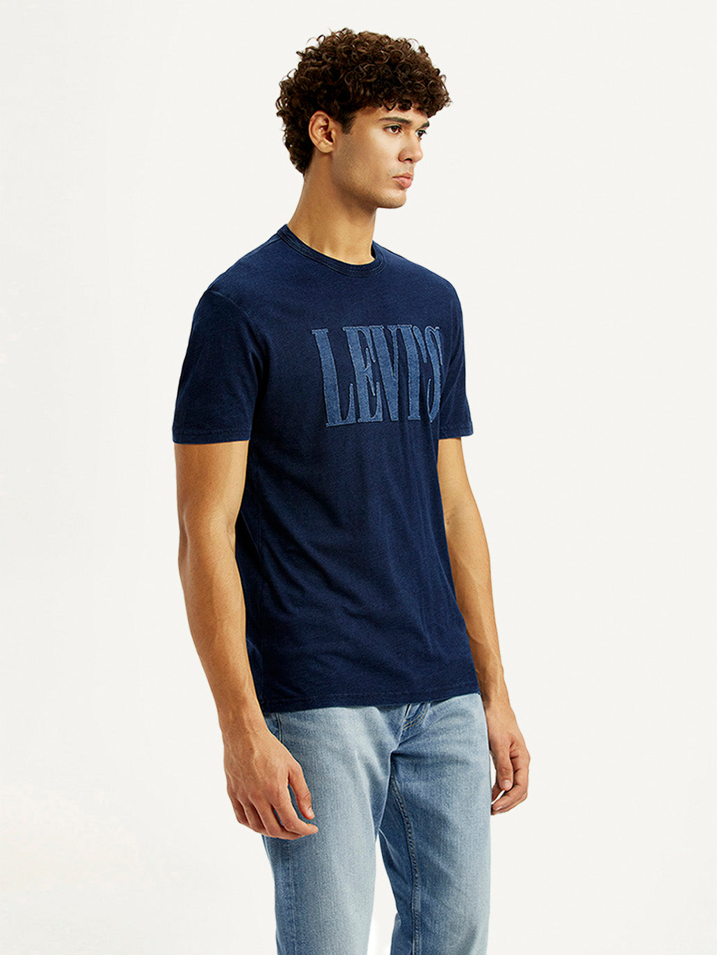 Men's Brand Logo Navy Crew Neck T-shirt - Side View