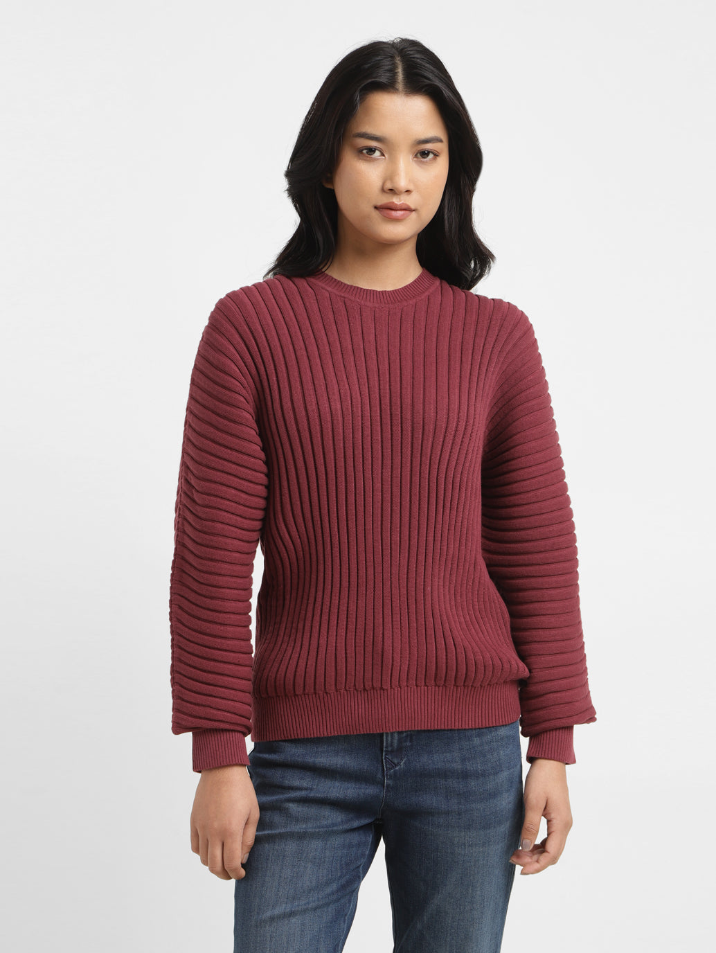 Women's Self Design Maroon Crew Neck Sweater