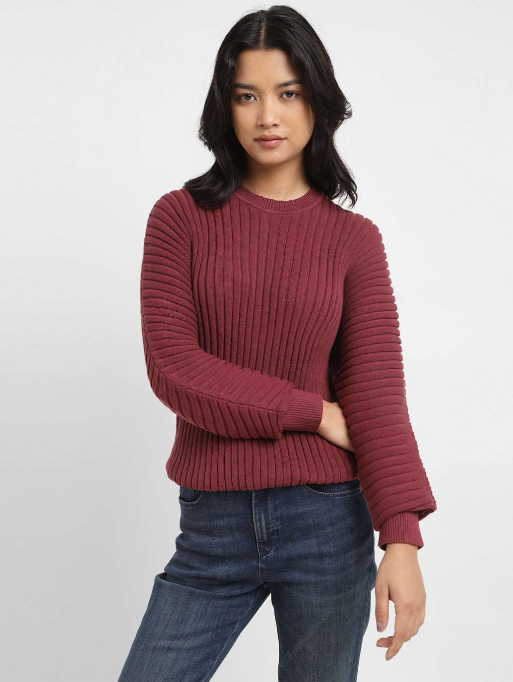 Women's Self Design Maroon Crew Neck Sweater