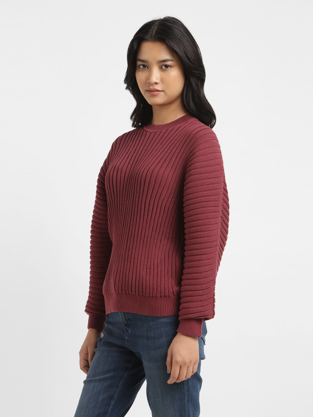 New Look ribbed crew neck sweater in burgundy