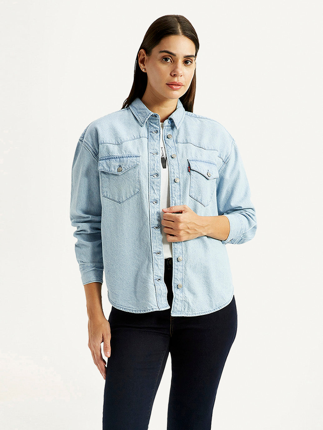 Women's Solid Light Blue Spread Collar Denim Shirt - Styleshot View