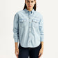 Women's Solid Light Blue Spread Collar Denim Shirt - Front View