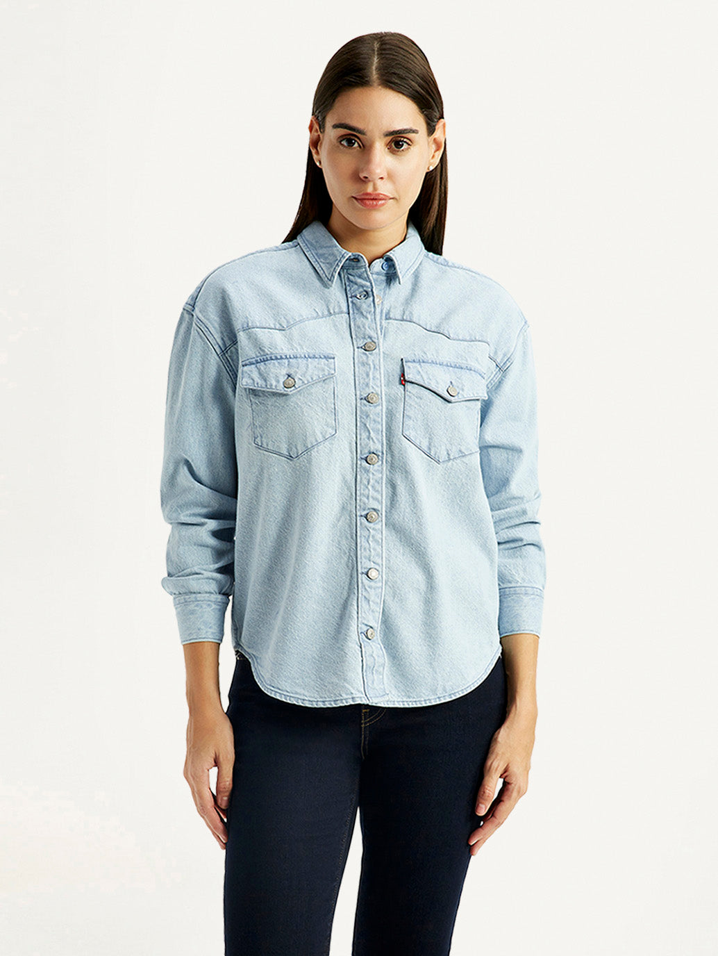 Women's Solid Light Blue Spread Collar Denim Shirt - Front View