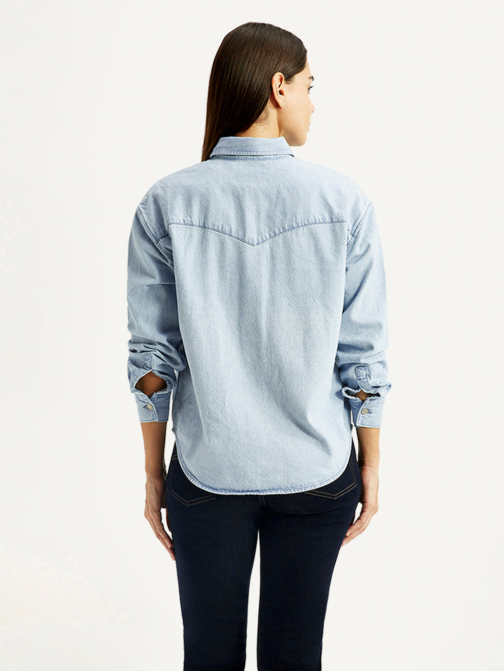 Women's Solid Light Blue Spread Collar Denim Shirt - Back View