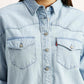 Women's Solid Light Blue Spread Collar Denim Shirt - Detail View