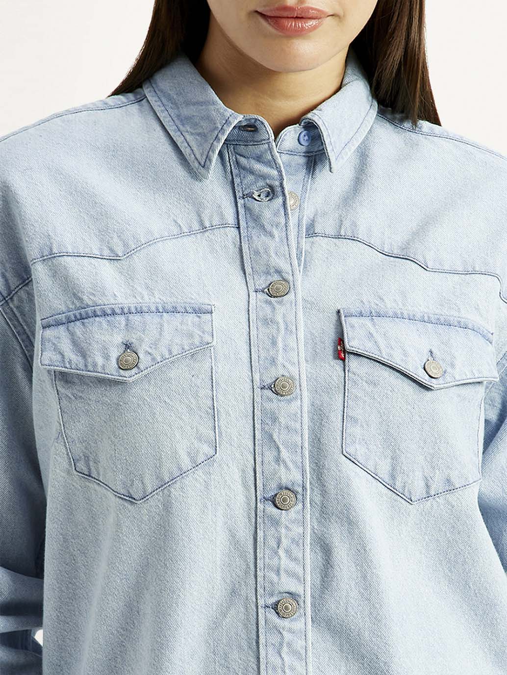 Women's Solid Light Blue Spread Collar Denim Shirt - Detail View