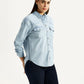 Women's Solid Light Blue Spread Collar Denim Shirt - Side View