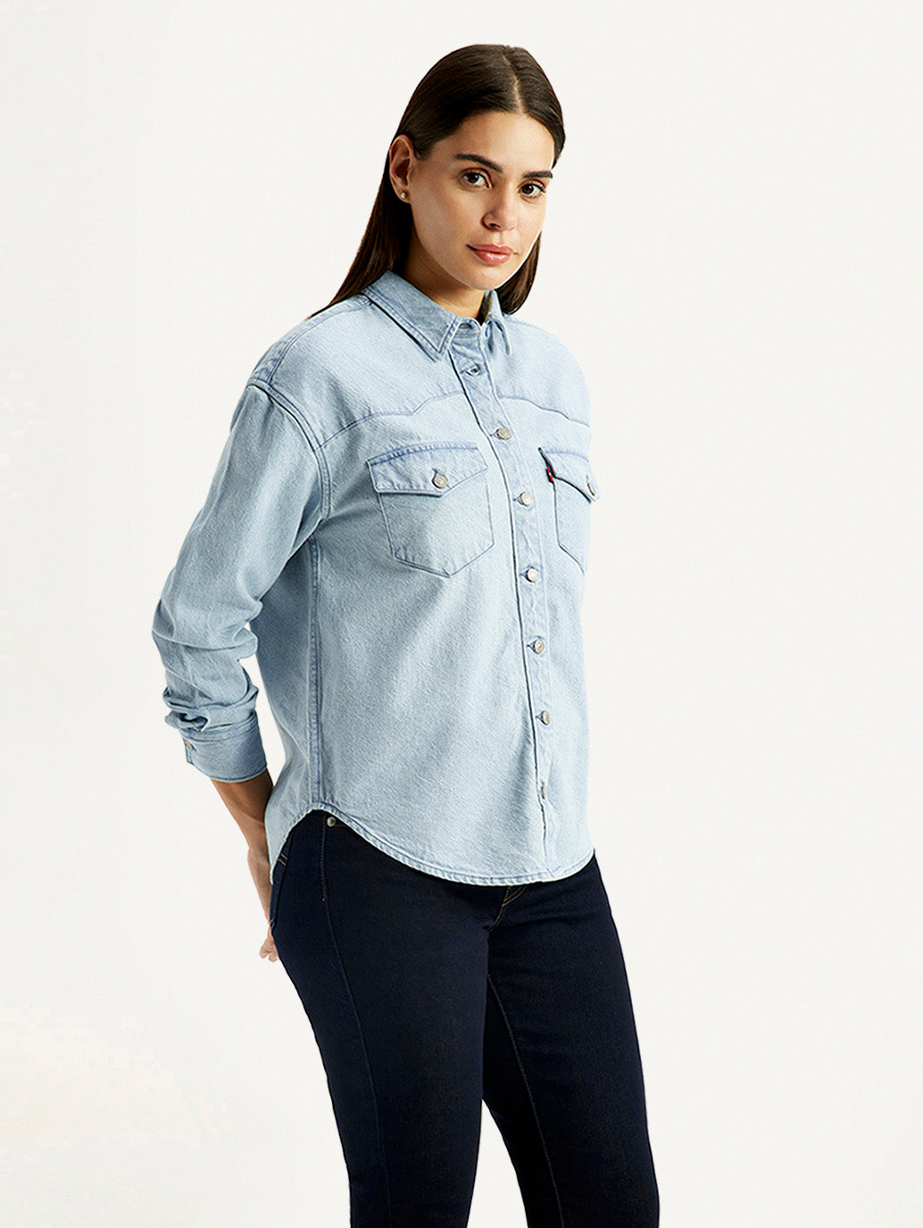 Women's Solid Light Blue Spread Collar Denim Shirt - Side View