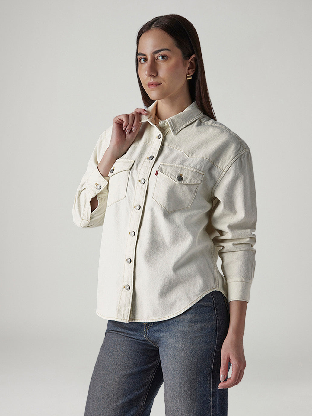 Women's Solid Relaxed Fit Denim Shirt - Side View