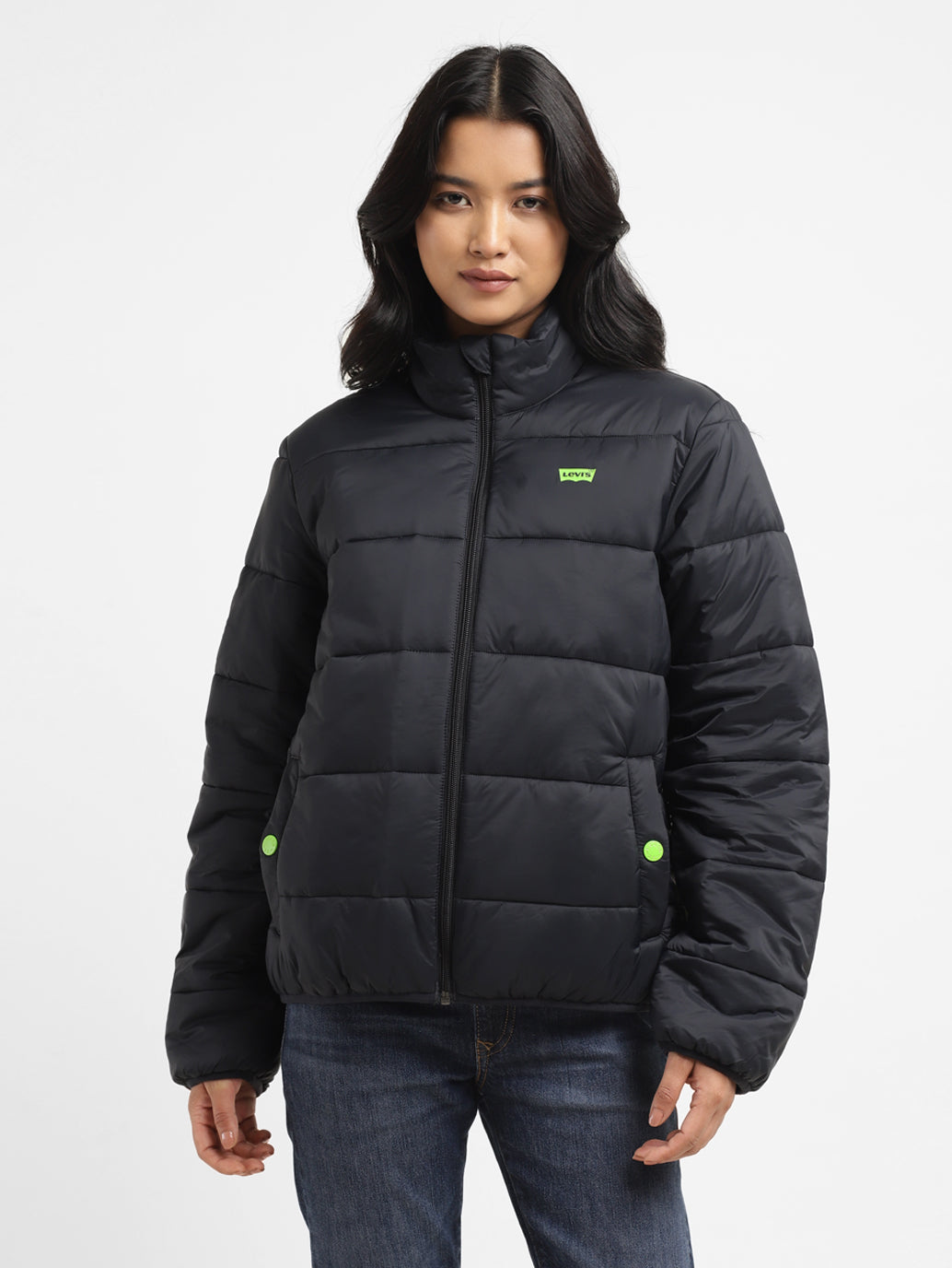 Women s Solid High Neck Quilted Jacket Levis India Store