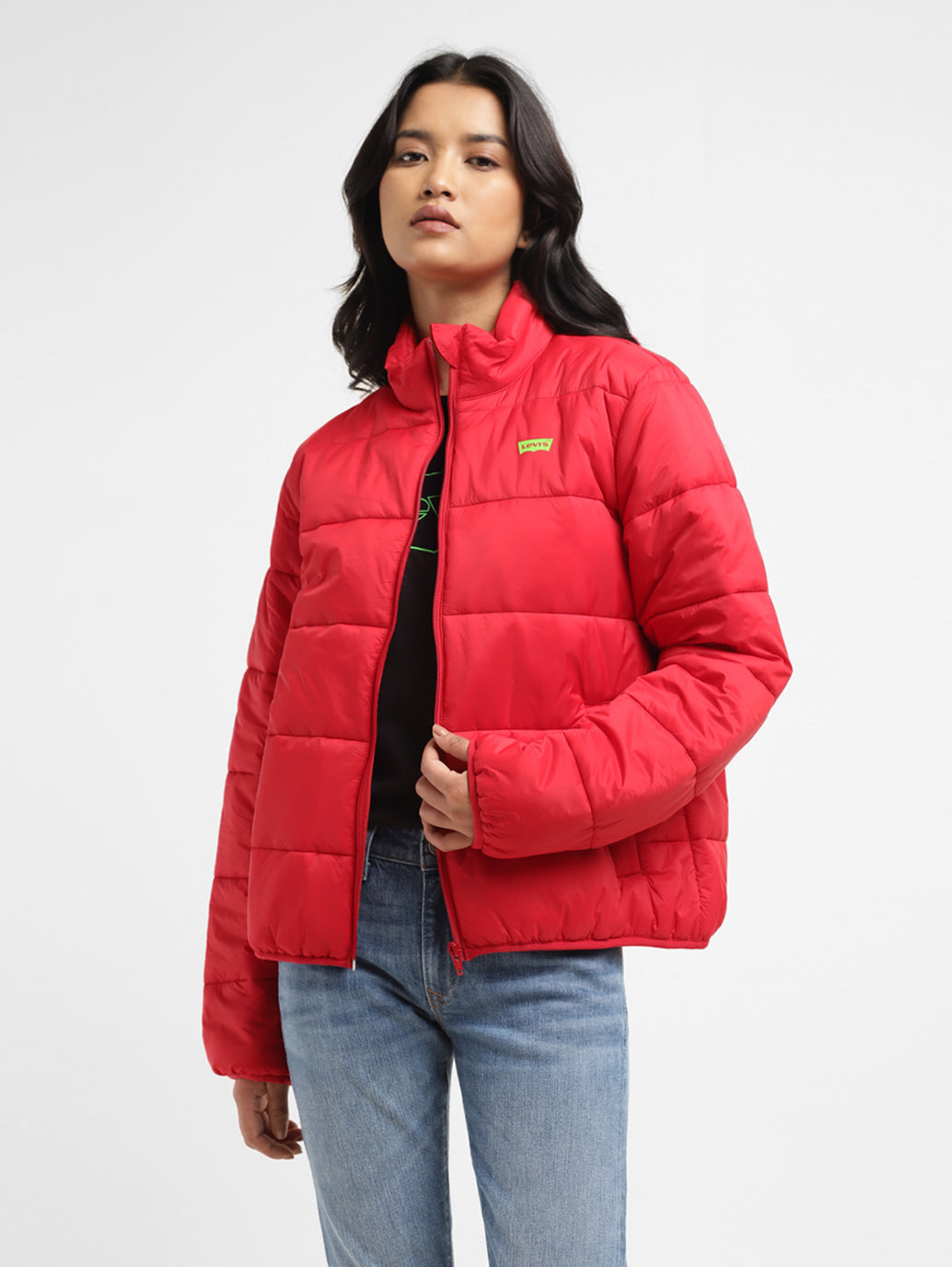 Women's Solid Red High Neck Jacket